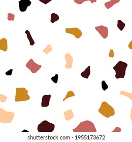 Abstract Seamless stylized Terrazzo tiles pattern. Chaotic mosaic with stones and rock pieces. Marble boho colored texture. Vector illustration for background, interiors, flooring, textiles, packaging