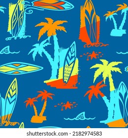 Abstract seamless summer pattern with palm tree, surfboards, shark fin, starfish. Colorful tropical repeat print. Surfing repeated ornament.