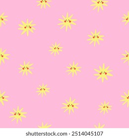 Abstract seamless sun pattern with hearts in cartoon style. Cute trendy design. Vector funky illustration. Summer cool kids pattern.