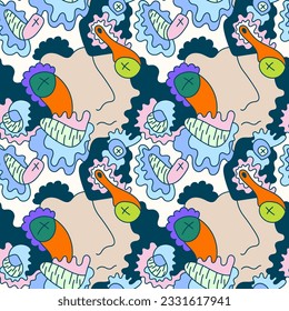 Resumen de un patrón surrealista sin fisuras con caras abstractas dibujadas a mano