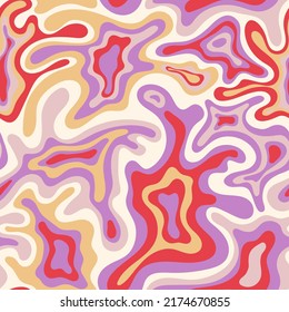 Abstract seamless swirl pattern. 60s, 70s style groovy background with waves and blobs. Psychedelic hippie texture