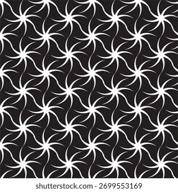 Abstract seamless swirl pattern with curved white shapes forming a dynamic circular illusion on a black background. Modern geometric design perfect for textile prints, wallpapers, packaging.