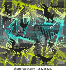 Abstract seamless t rex pattern on geometric repeated background with shabby dots, curved lines