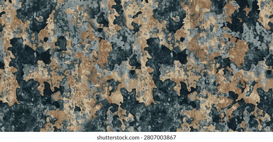 Abstract seamless tactical camouflage pattern texture background. Modern blue and brown military camo design for textile, apparel, and digital wallpaper.