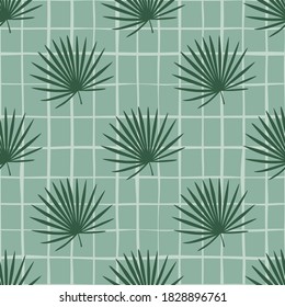 Abstract seamless talipot leaf pattern. Green botanic ornament on soft blue chequered background. Hawaii backdrop. Backdrop for fabric design, textile print, wrapping, cover. Vector illustration