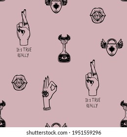 Abstract seamless tattoo pattern with borrow, hand sign, eyes, kiss lips and brilliant, locks, text It is true really.