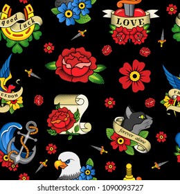 Abstract seamless tattoo pattern for girls, boys, clothes. Creative vector tattoo background with flower, sword, bird, anchor. Funny pattern wallpaper for textile and fabric. Fashion tattoo style.