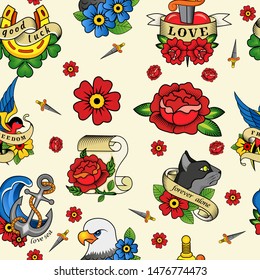 Abstract seamless tattoo pattern for girls, boys, clothes. Creative vector tattoo background with flower, sword, bird, anchor. Funny pattern wallpaper for textile and fabric. Fashion tattoo style.