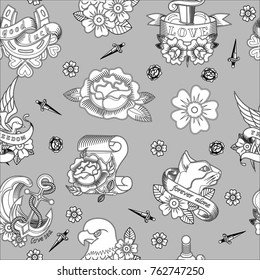 Abstract seamless tattoo pattern for girls, boys, clothes. Creative vector tattoo background with flower, sword, bird, anchor. Funny pattern wallpaper for textile and fabric. Fashion tattoo style.