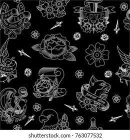 Abstract seamless tattoo pattern for girls, boys, clothes. Creative vector tattoo background with flower, sword, bird, anchor. Funny pattern wallpaper for textile and fabric. Fashion tattoo style.
