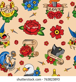 Abstract seamless tattoo pattern for girls, boys, clothes. Creative vector tattoo background with flower, sword, bird, anchor. Funny pattern wallpaper for textile and fabric. Fashion tattoo style.