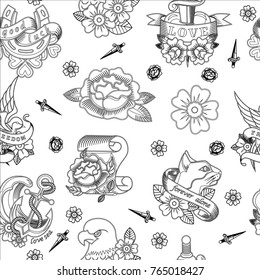 Abstract seamless tattoo pattern for girls, boys, clothes. Creative vector tattoo background with flower, sword, bird, anchor. Funny pattern wallpaper for textile and fabric. Fashion tattoo style.