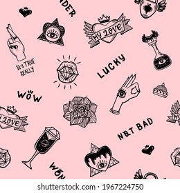 Abstract seamless tattoo pattern on nude pink background. Tattooing repeat print for fashion textiles, girlish clothes, wrapping paper.