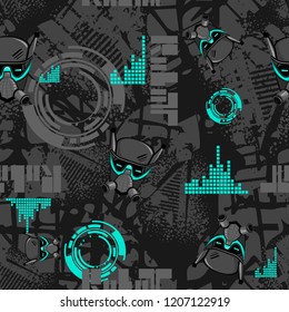 Abstract seamless technology pattern with robot face, textured repeated backdrop. 