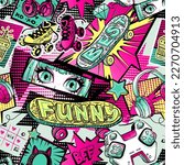 Abstract seamless teenager pattern with anime girl eyes, gamepad, skateboard, virtual, headphone, stars, skate rolls. Cartoon manga print repeat wall drawing in sketch style . Gaming repeaed ornament