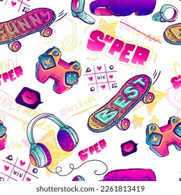 Abstract seamless teenager pattern with gamepad, skateboard, virtual reality glasses, headphone, lips illustration, drawing in sketch style stars, text New level, game over, super. Gaming repeat print