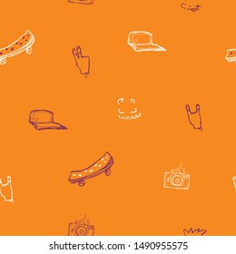 Abstract seamless teenagers pattern with cap, line skateboard illustration, rock hand sign. Creative dude repeated print