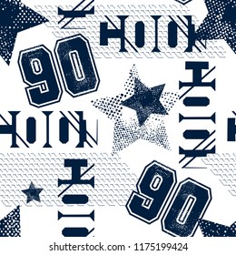 Abstract seamless teenagers pattern with text 90, stars, grid, cool. Repeated backdrop for textile, clothes, wrapping paper. 