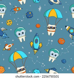 Abstract seamless teeth pattern. Cartoon character of cosmonaut in outer space, probe, constellation, planets, moon, star. Funny tooth repeat print for dental clothes, medical fabric, wrapping paper