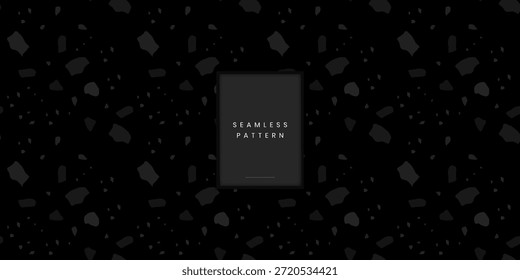 Abstract seamless terrazzo pattern featuring organic stone fragments and chips in dark monochrome grey on a black background
