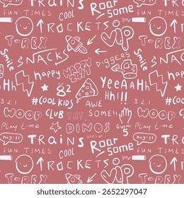 Abstractas patrón de texto sin fisuras, Fondo de pantalla. fondo blanco y negro con dibujo de texto en estilo gráfico y graffiti, Elementos de tinta de pintura en aerosol. telón de fondo repetido para textiles, papel