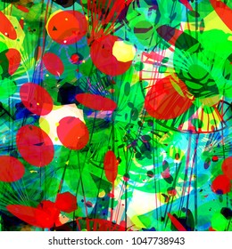 Abstract seamless texture. Blots, spots, lines, floral and organic elements. Black, yellow, green, red colors. Abstract vector background for web page, banners backdrop, fabric, home decor, wrapping