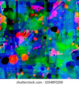 Abstract seamless texture. Blue, green, black, purple, red colors. Blots, scribbles, stripes and stains. Vector background for web page, banners backdrop, fabric, home decor, wrapping