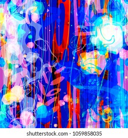 Abstract seamless texture. Blue, white, red, yellow colors. Stripes, spots, floral elements. Vector background for web page, banners backdrop, fabric, home decor, wrapping