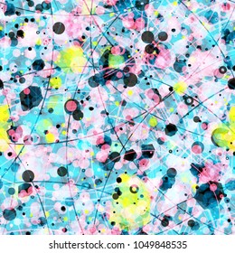 Abstract seamless texture. Blue, yellow, black, pink colors. Spots, circle lines, circles. Abstract vector background for web page, banners backdrop, fabric, home decor, wrapping