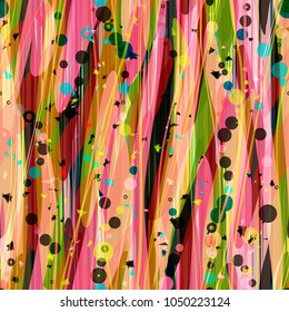 Abstract seamless texture. Brown, pink, green colors. Vertical wavy stripes and lines, circles and rings. Vector background for web page, banners backdrop, fabric, home decor, wrapping