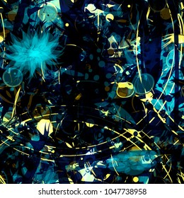 Abstract seamless texture. Circles lines, stylized floral and organic elements. Blue, yellow, black, white colors. Dark pattern with shiny elements. 