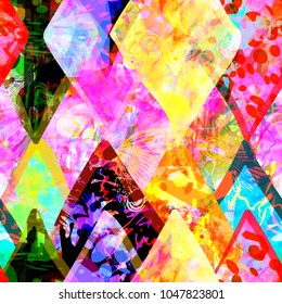 Abstract seamless texture. Colorful pattern with hand drawn rhombus and different elements. Watercolor effect. Abstract vector background for web page, banners backdrop, fabric, home decor, wrapping