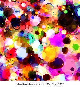Abstract seamless texture. Colorful splatter pattern with ovals, spots, rings, strokes. 