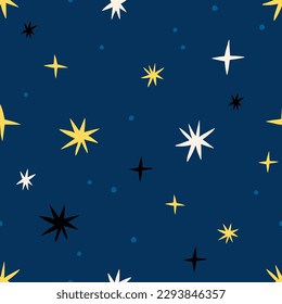 Resumen textura sin fisuras con diferentes estrellas. Fondo estrella dibujado a mano en estilo retro. Patrón de cielo de ensueño vectorial 