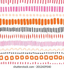 Abstract seamless texture with doodle lines dots elements. Vector pattern with hand drawn decorative horizontal lines. Repeating background with small brush strokes in line for fabric, packaging.
