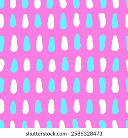 Abstract seamless texture for filling backgrounds, objects. Neon pink, light blue, white repeat pattern with hand drawn simple strokes. Print imitates stylized fur in childish cartoon illustrations.