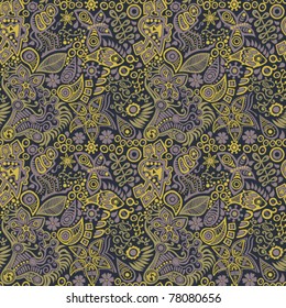 Abstract seamless texture with fish, butterflies, flowers. Endless background.
