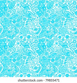 Abstract seamless texture with fish, butterflies, flowers. Endless background.