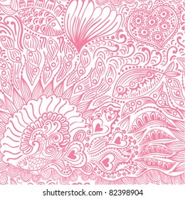 Abstract seamless texture with fish, hearts, flowers. Endless background.