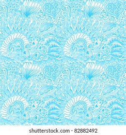 Abstract seamless texture with fish, hearts, flowers. Endless background.