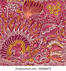 Abstract seamless texture with fish, hearts, flowers. Endless background.