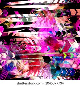 Abstract seamless texture with floral elements, arrows, stripes. Pink, white, black, blue colors. Abstract vector background for web page, banners backdrop, fabric, home decor, wrapping, girls design