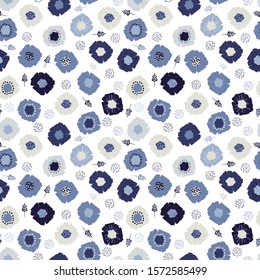 Abstract seamless texture with flowers in blue colors, vector. Use for background, surface decoration, textile and more	