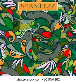 Abstract seamless texture in green colors with bright red and orange splashes (associations with forest and nature) In the style of stained glass