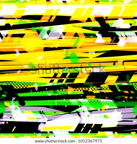 Abstract seamless texture. Green, yellow white, black colors. Dots, stripes, arrows. Dynamic pattern. Abstract vector background for web page, fabric, home decor, wrapping, sport and boys design