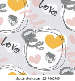 Abstract seamless texture with hearts, swirls, spots and the word love. Pattern for wrapping paper, postcards for Valentine's Day, wedding