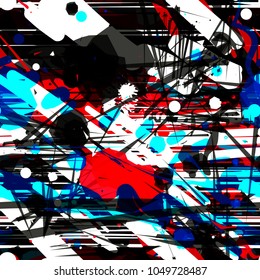 Abstract seamless texture. Horizontal lines and different shapes. Black, blue, red, white colors.  Vector background for web page, banners backdrop, fabric, home decor, wrapping