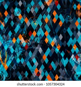 Abstract seamless texture. Orange and blue rhombus over dark backdrop. Vector background for web page, banners backdrop, fabric, home decor, wrapping