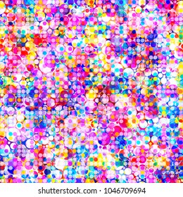 Abstract seamless texture. Rainbow mosaic from circles. Red, white, yellow, blue, pink colors.  Vector background for web page, banners backdrop, fabric, home decor, wrapping