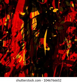 Abstract seamless texture. Red and black pattern with orange inclusion. Curved stripes, spots, splotches, strokes. Vector background for web page, banners backdrop, fabric, home decor, wrapping